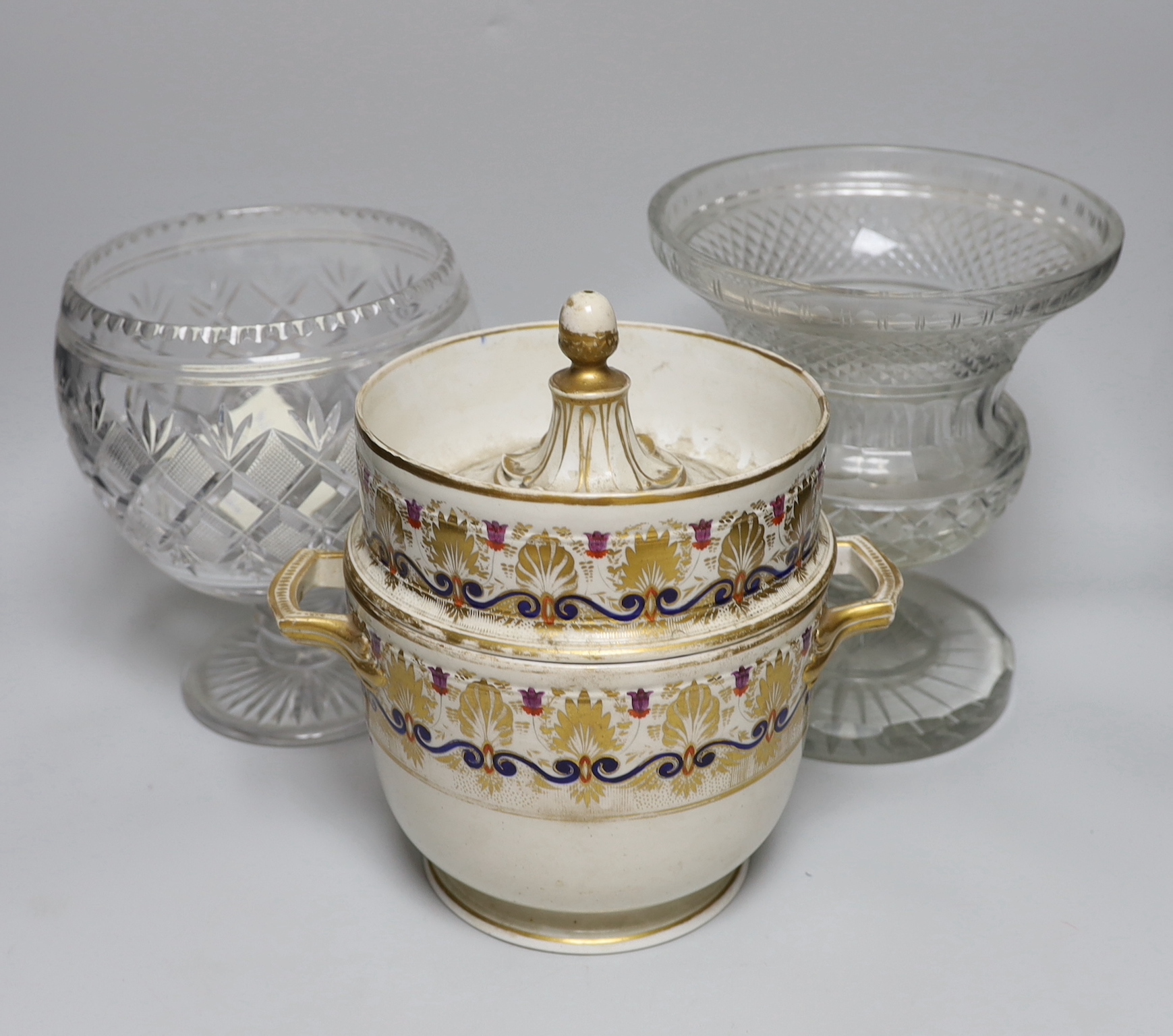 Two Victorian cut glass bowls and an ice pail